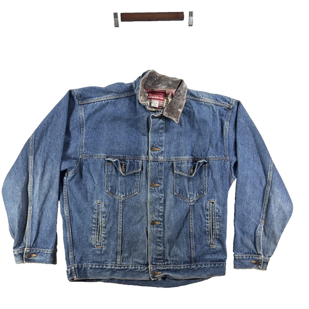 Vintage Marlboro Country Store Jacket Mens XL Blue Denim Leather Collar Bomber